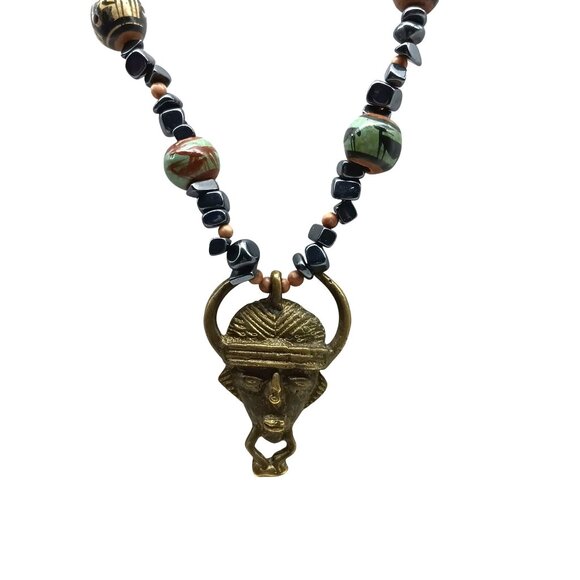 African-Inspired Brass Tribal Mask Pendant Necklace with Ceramic & Stone Beads - Picture 3 of 4